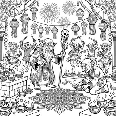 Step into a fantastical Diwali celebration with our unique coloring page featuring mischievous Goblin Shamans. This intricate design captures the joy of the Festival of Lights, adorned with traditional diyas, rangoli patterns, and festive fireworks.
