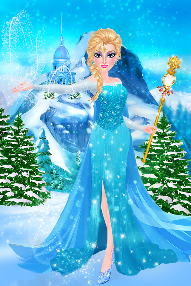 An ice queen in a sparkling blue gown holding a golden scepter in a snowy mountain landscape