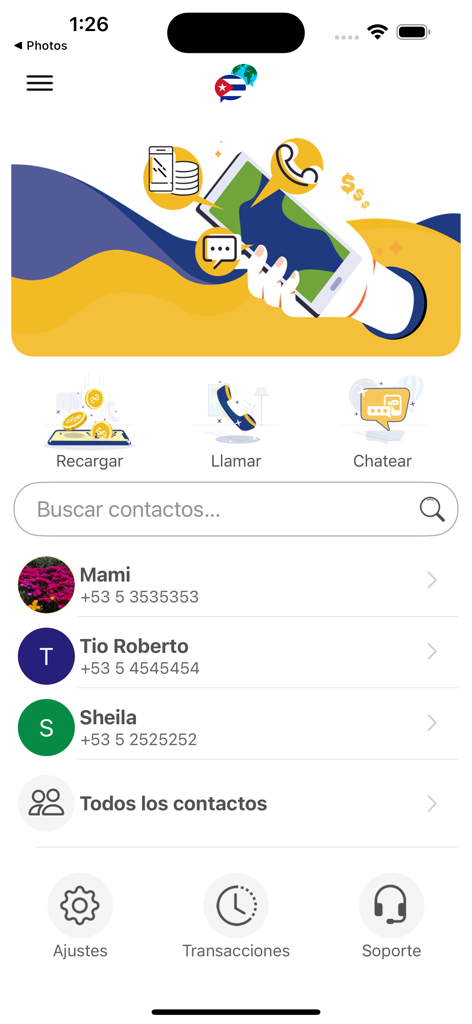 CubaMessenger mobile app main menu with options for calls chat and mobile recharge