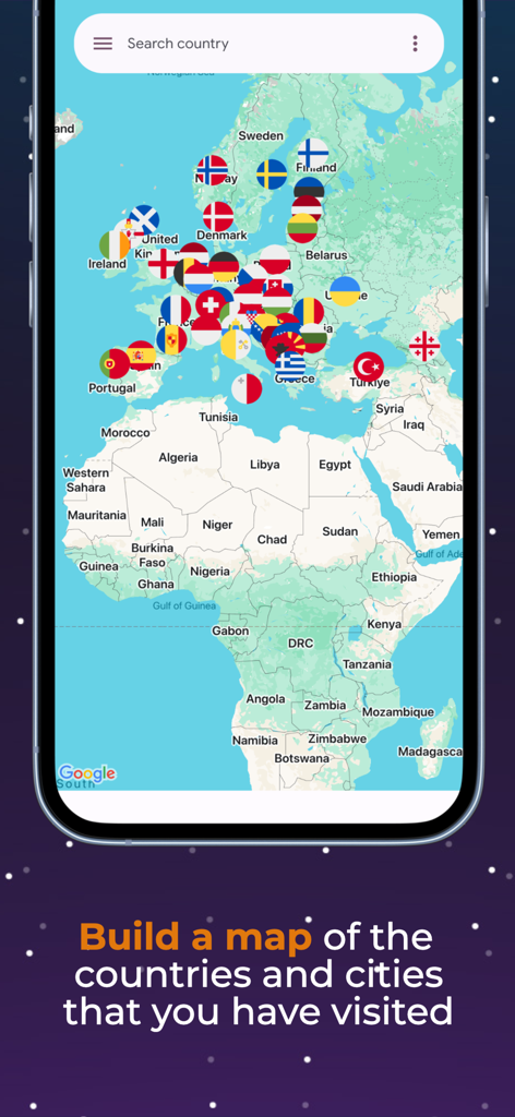 Interfaz de mapa del mundo con pines de bandera marcando países visitados y estadísticas de viaje