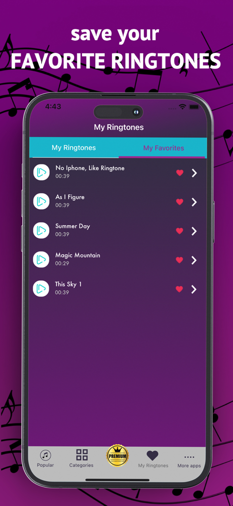 Best Ringtones 2026, Top Music - Uma interface móvel exibindo uma lista de toques favoritos salvos e faixas de música em um iPhone