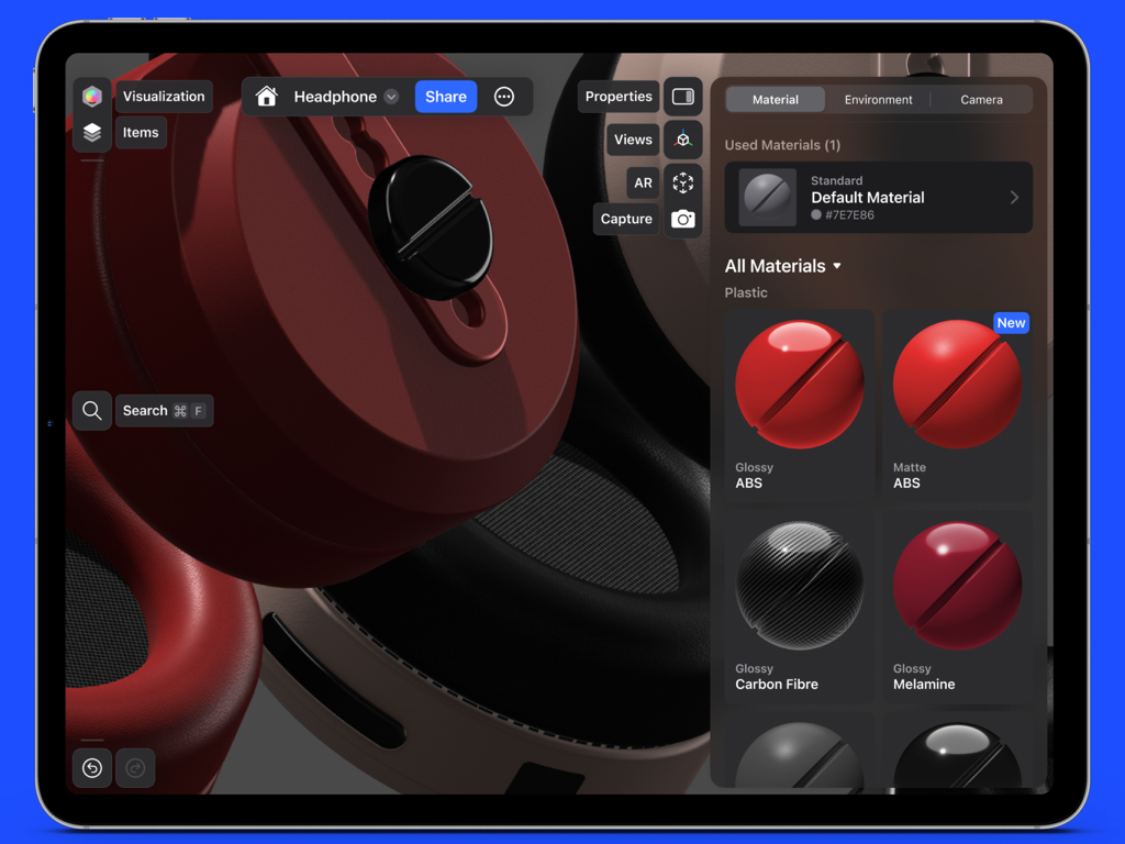 Interfaccia dell'app Shapr3D su iPad che mostra la selezione dei materiali per un modello di cuffie 3D