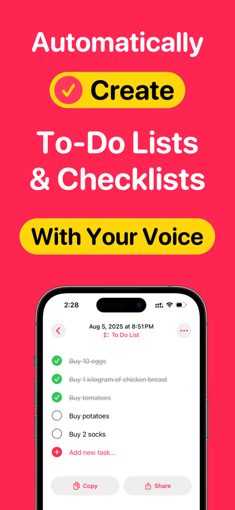 Voice Notes AI Notetaker ZIVO - Interfaz de la aplicación ZIVO que muestra una lista de tareas automatizada generada a partir de una nota de voz.