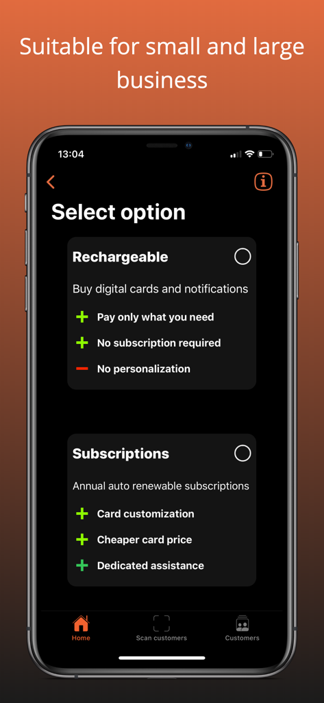 PassFacile-App-Bildschirm mit Preisoptionen für kleine und große Unternehmen, einschließlich aufladbarer digitaler Karten und Jahresabonnements.