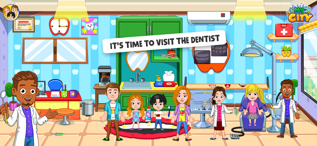 A colorful cartoon dentist office scene from My City Dentist Visit with diverse characters