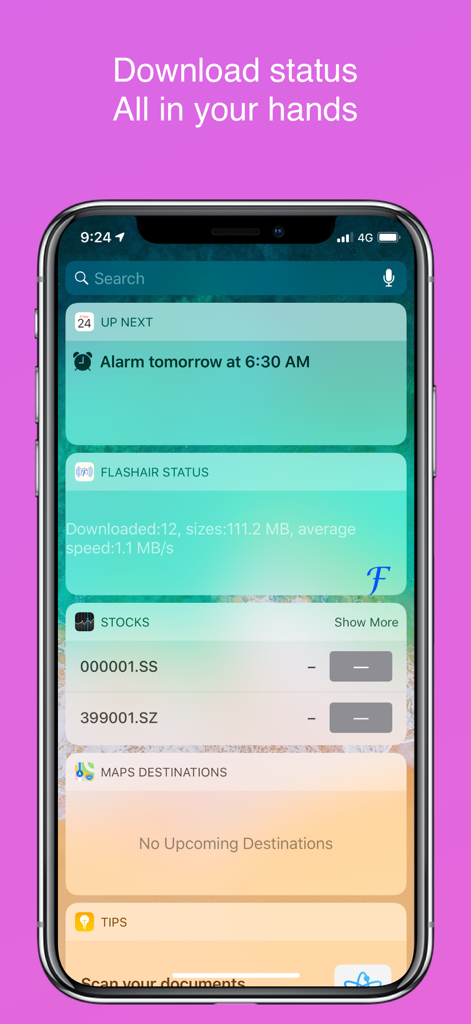 FlashAir Image Share - iPhone screen showing a FlashAir Image Share widget displaying download count, total file size, and transfer speed