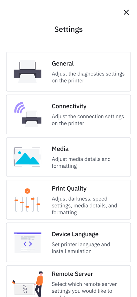 Zebra Printer Setup Utility v3 - Settings screen in the Zebra Printer Setup Utility app showing options for General Connectivity Media Print Quality Device Language and Remote Server