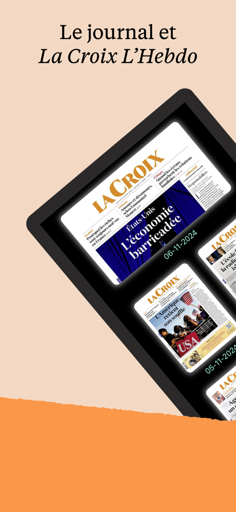 Tela de tablet exibindo várias edições digitais diárias e semanais do jornal La Croix.