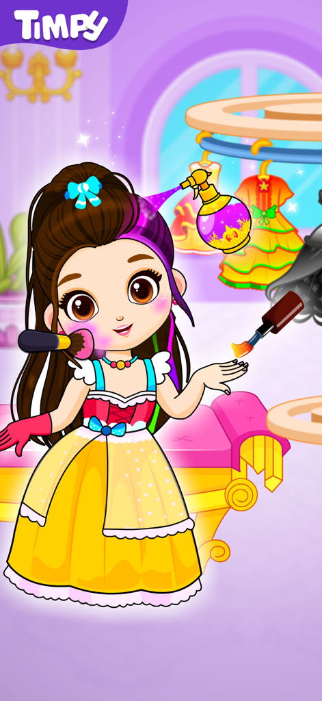 Games for 3 Year Old Girls - A cartoon princess getting a makeover with makeup and hair spray tools in a preschool game for girls