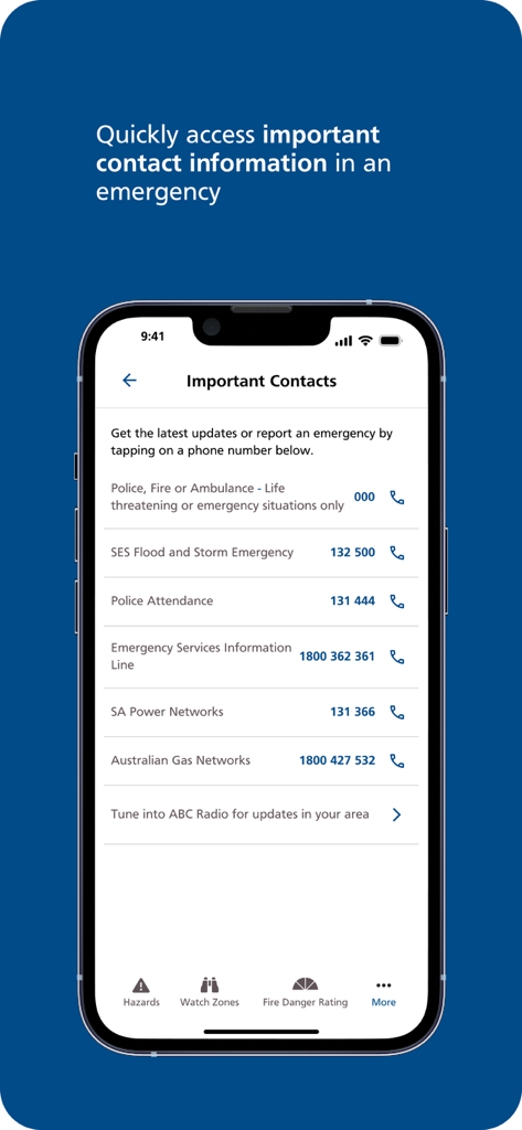 Alert SA - Smartphone screen displaying important emergency contact numbers in the Alert SA app