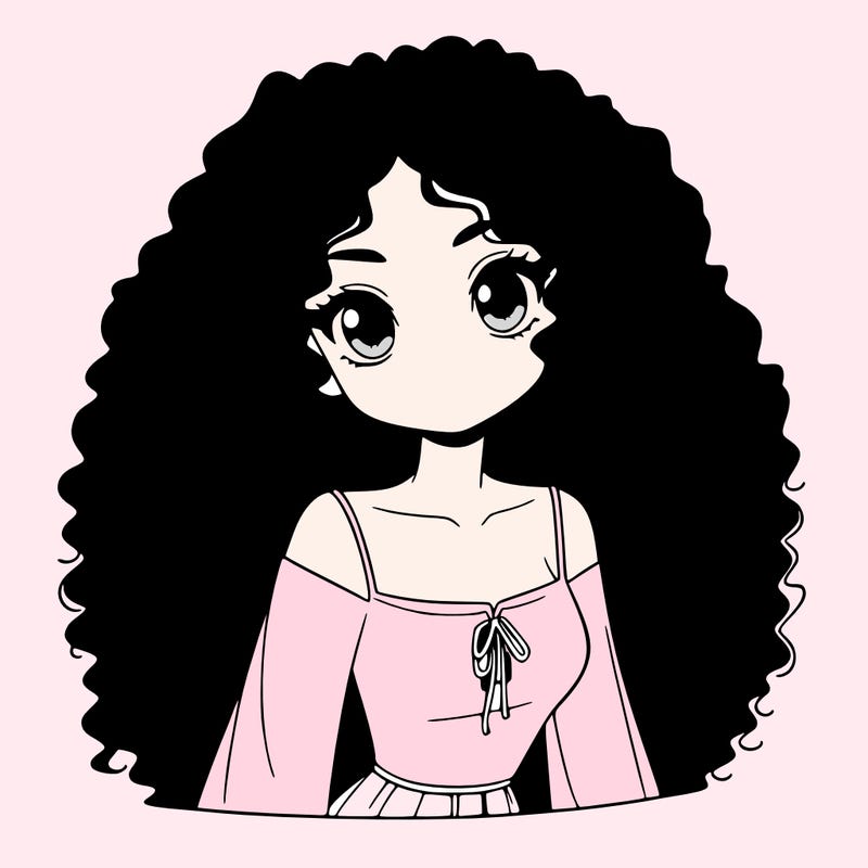 a black anime girl with long afro hair
