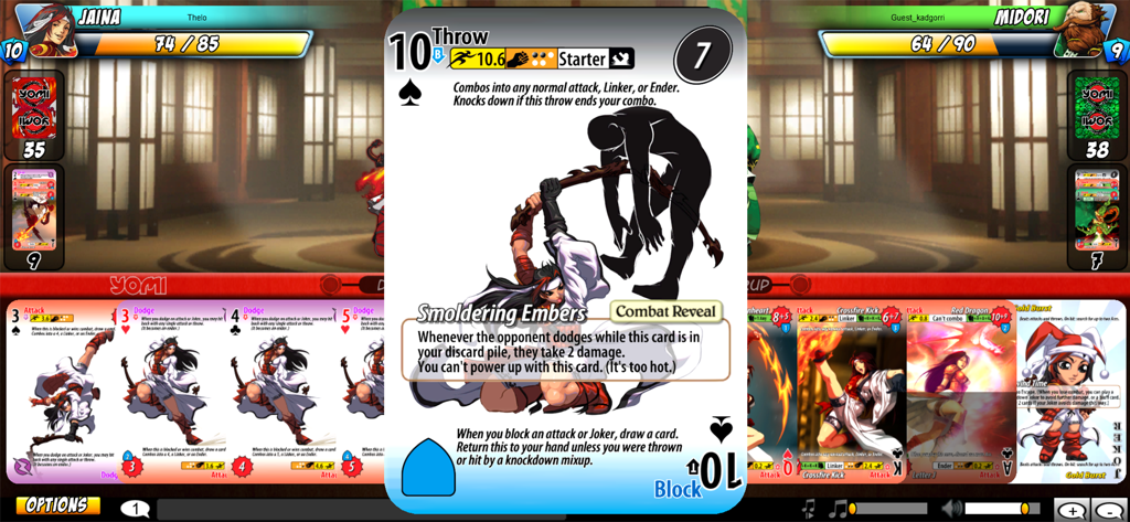 Yomi - Gameplay del gioco di carte di combattimento Yomi che mostra una rivelazione di combattimento con una carta lancio e barre della salute dei personaggi.