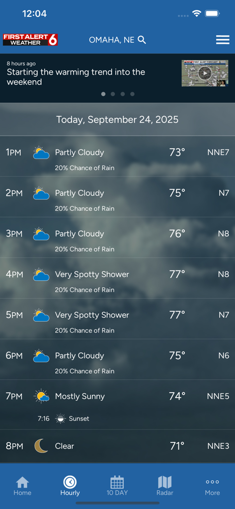 First Alert 6 Weather WOWT - Hourly weather forecast for Omaha on the First Alert 6 Weather app showing temperatures and sky conditions