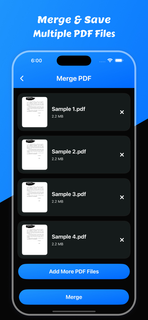 複数のPDFファイルのリストが表示され、1つのドキュメントに結合する準備ができたモバイルアプリ画面。