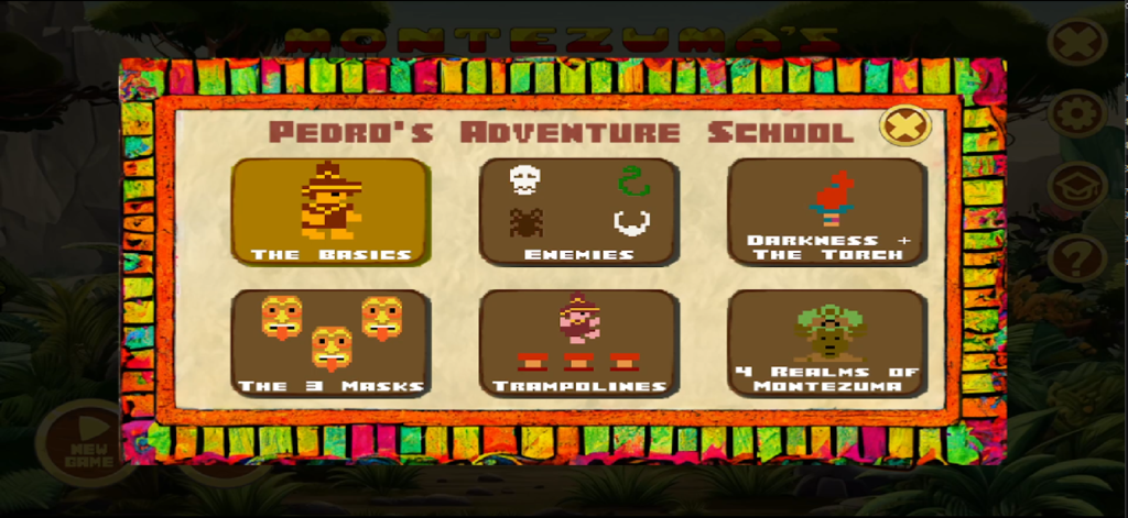 Montezuma - Director's Cut - Pedro's Adventure School tutorial selection screen in Montezuma's Revenge Director's Cut.