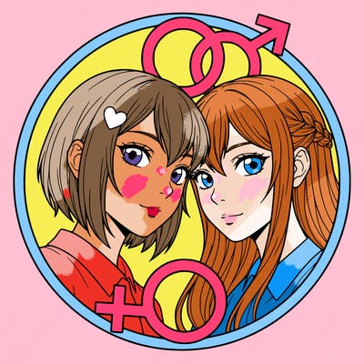 two anime girls, close up of their head, no pets, no background, lgbtq+