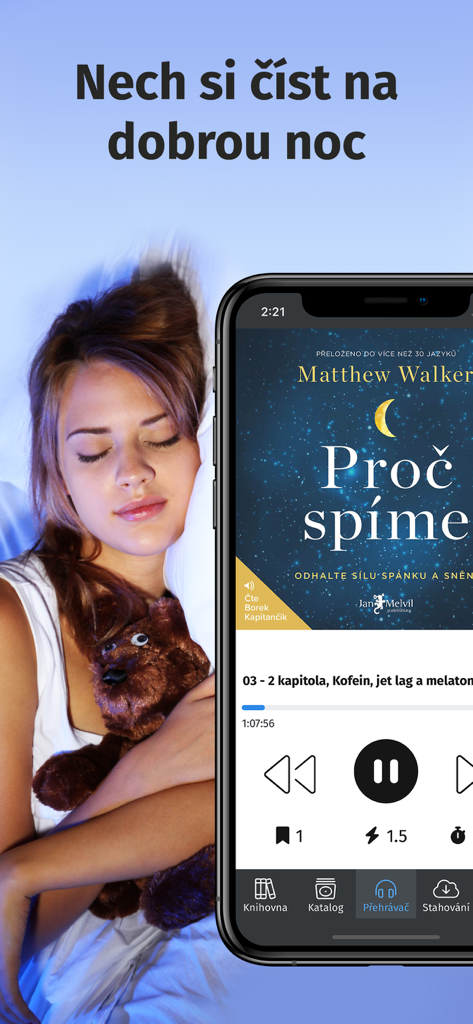Audiolibrix - Audioknihy - A woman sleeping while using the Audiolibrix audiobook app with a sleep timer feature.