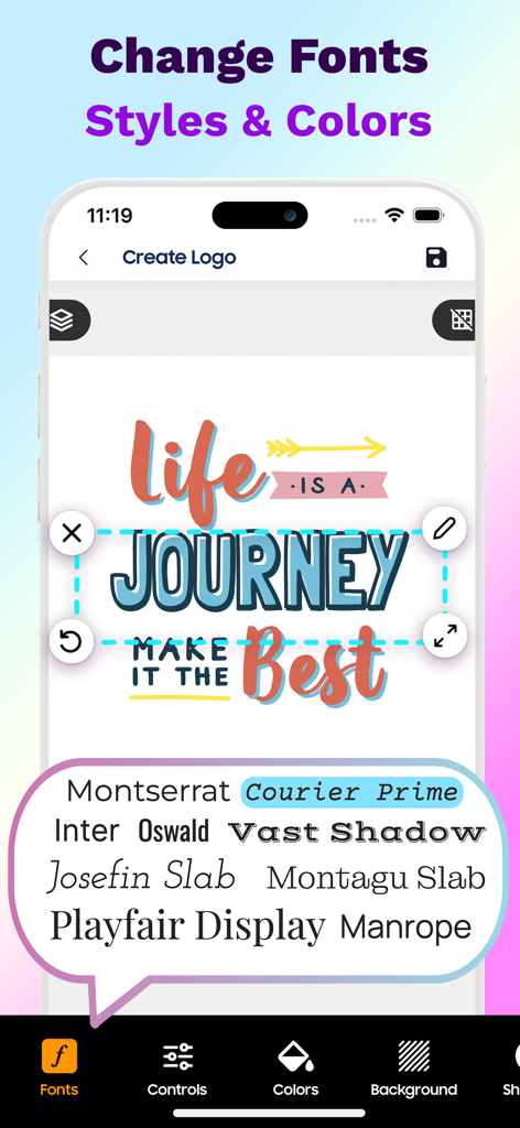 LogoX - AI Logo Maker - Interfaz de la aplicación móvil LogoX que muestra la selección de fuentes y la edición de texto para un diseño de logo profesional