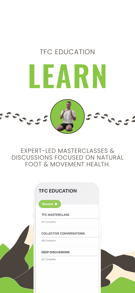 Pantalla de la aplicación de educación TFC con masterclasses y discusiones dirigidas por expertos sobre la salud natural del pie y del movimiento.