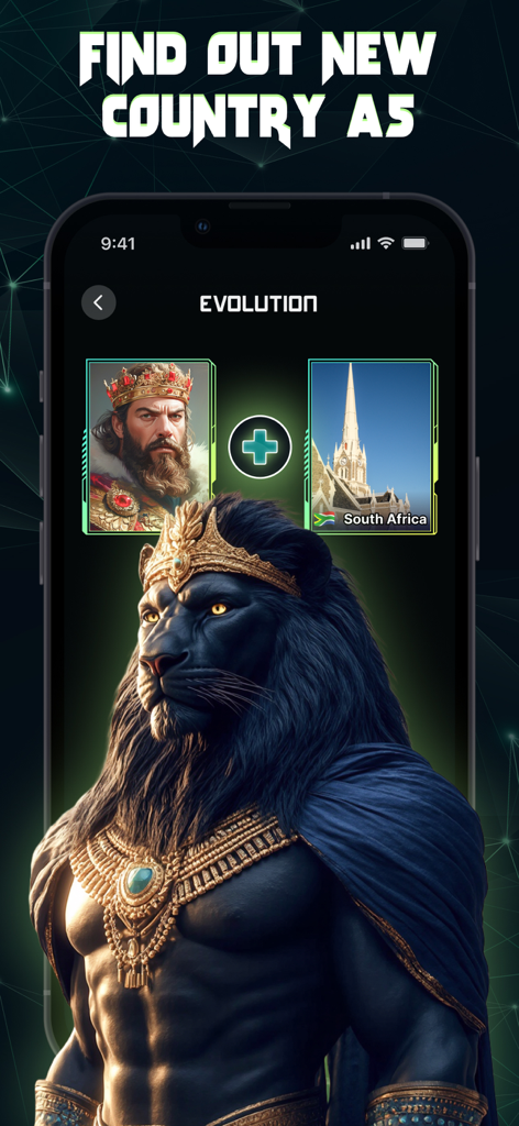 AI Fusion: Merge Character - AI Fusion app screen showing a king and South Africa landmark merged into a lion warrior character