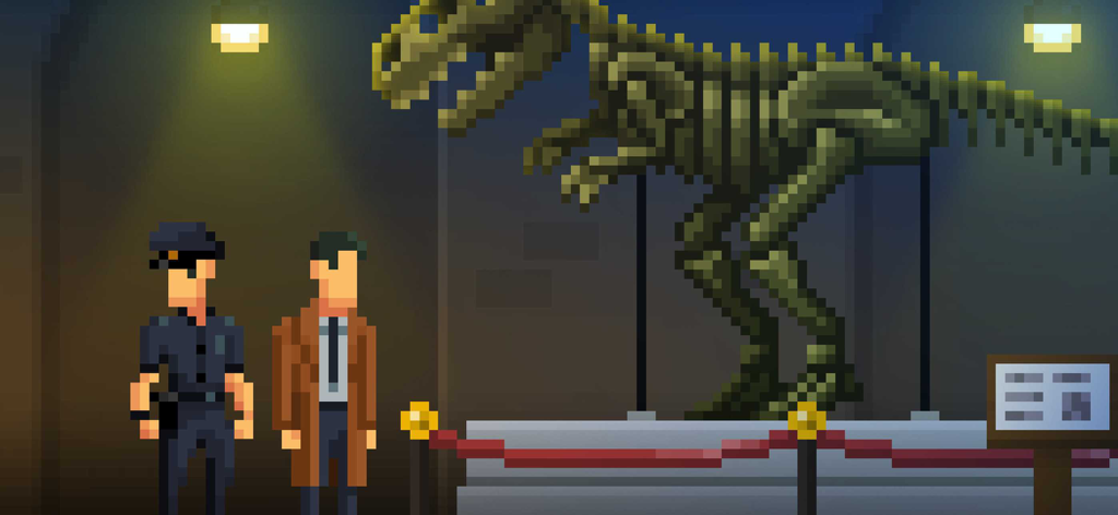 The Darkside Detective - Pixel art characters McQueen and Dooley investigating a dinosaur skeleton in a museum