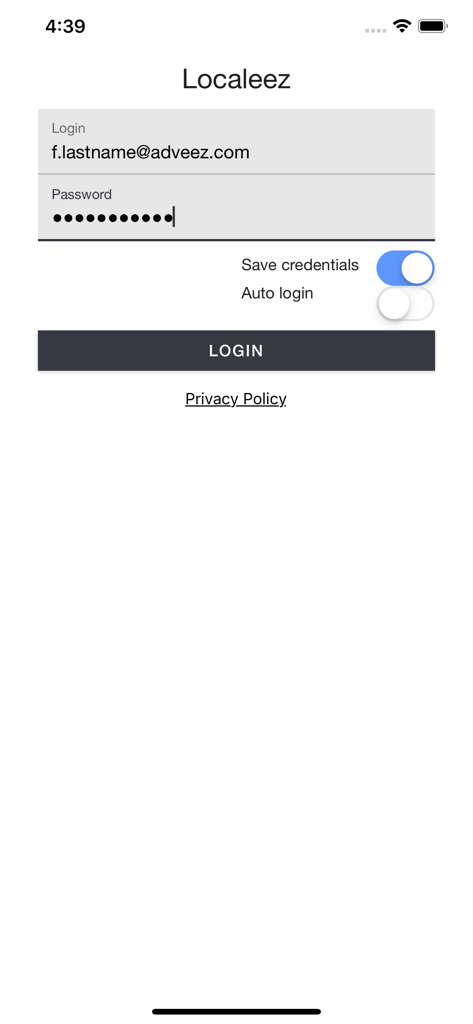 Localeez - Localeez app login screen for airport ground fleet management
