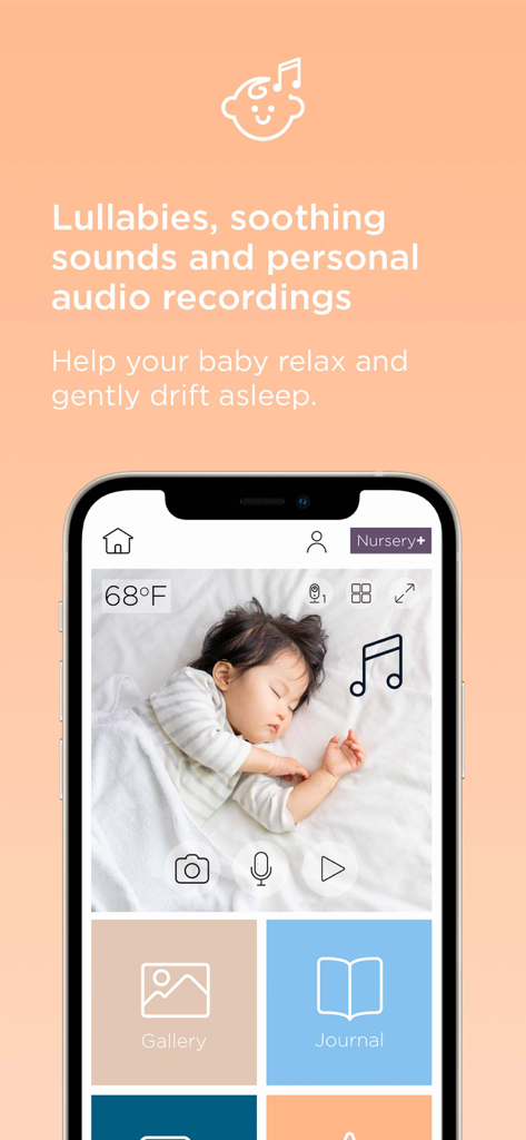 Motorola Nursery app interface showing a sleeping baby with lullaby and audio recording features