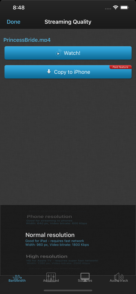 La interfaz de la aplicación VLC Streamer muestra opciones de calidad de transmisión de películas y configuraciones de resolución en iPhone