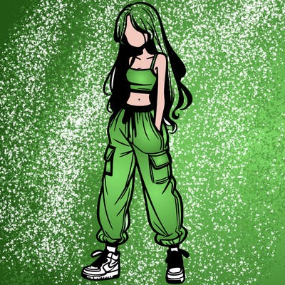 girl in baggy pants crop top and long hair