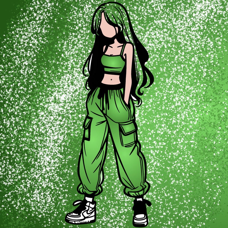 girl in baggy pants crop top and long hair