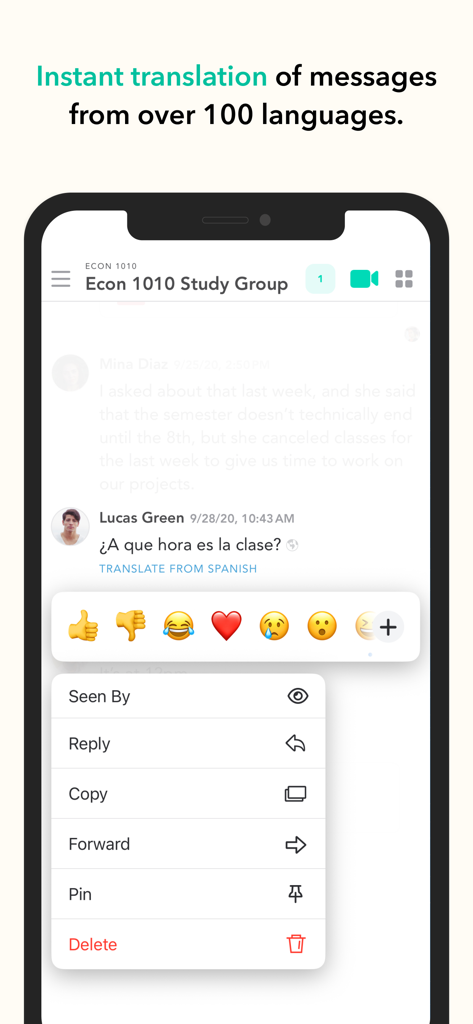 Pronto Team Communication - Pronto 앱 인터페이스는 번역 옵션이 있는 스터디 그룹 채팅에서 스페인어 메시지를 보여줍니다.
