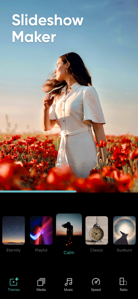 Slideshow Maker w Music - Interface of Slideshow Maker app showing visual theme options and a photo preview of a woman in a poppy field