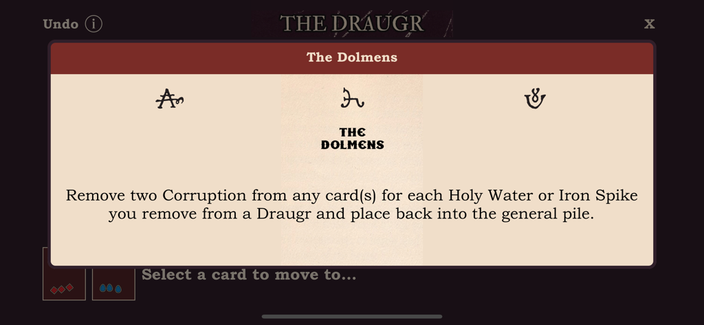 The Draugr - Instruction card for The Dolmens in The Draugr board game app showing game rules for corruption removal