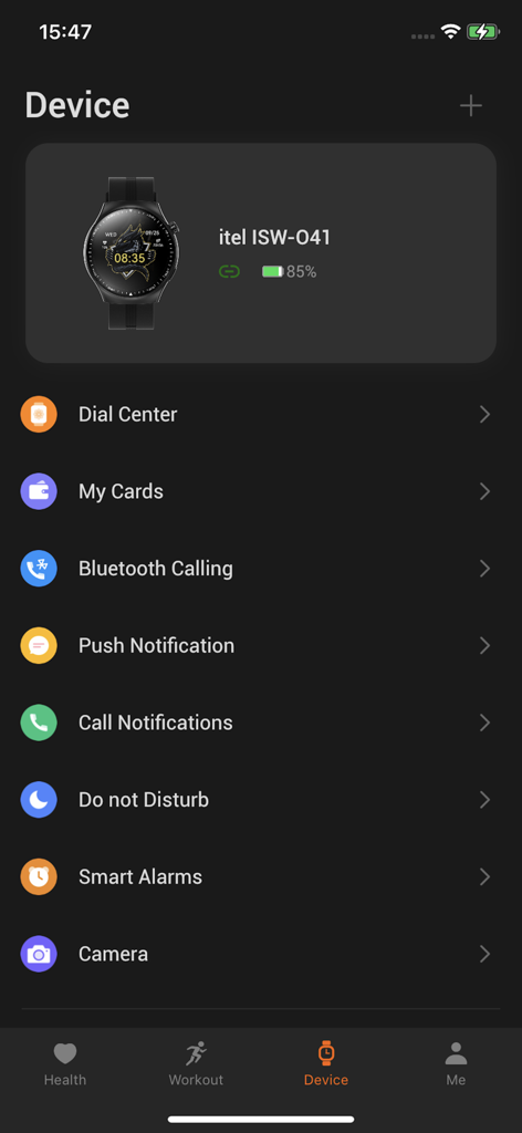 iPulse-fitness&health - Interface de l'application de fitness iPulse affichant les paramètres de gestion de l'appareil pour une smartwatch itel