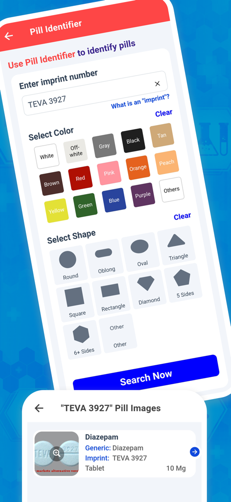 PillBox - Pill Identifier App - Interface of the PillBox app showing pill identification search by imprint number color and shape