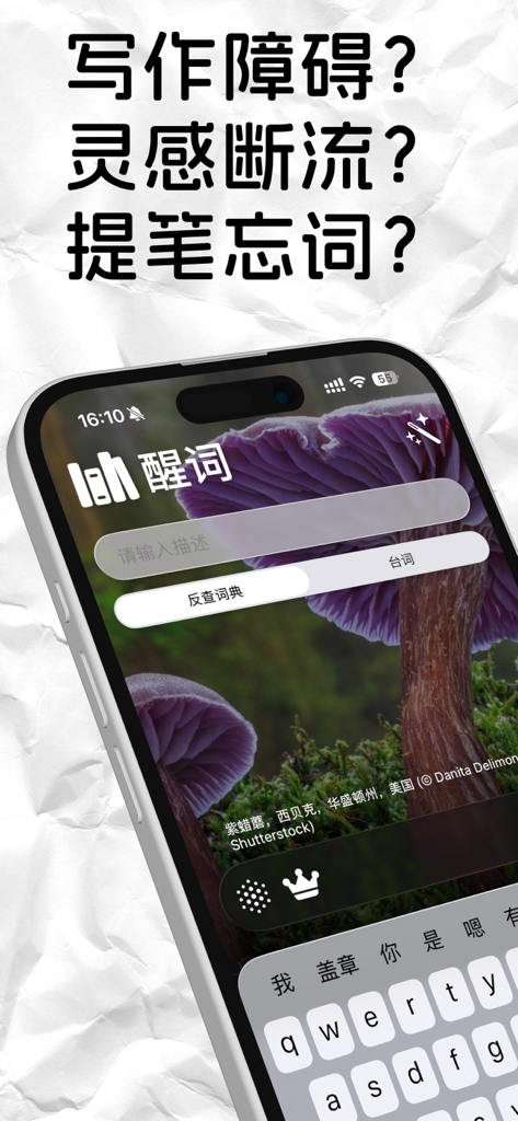 醒词-反查词典 诗词 近义 成语 台词 作文 语文 文采提升 - Smartphone screenshot of the Xingci app interface showing its reverse dictionary search and aesthetic design for Chinese writing inspiration.