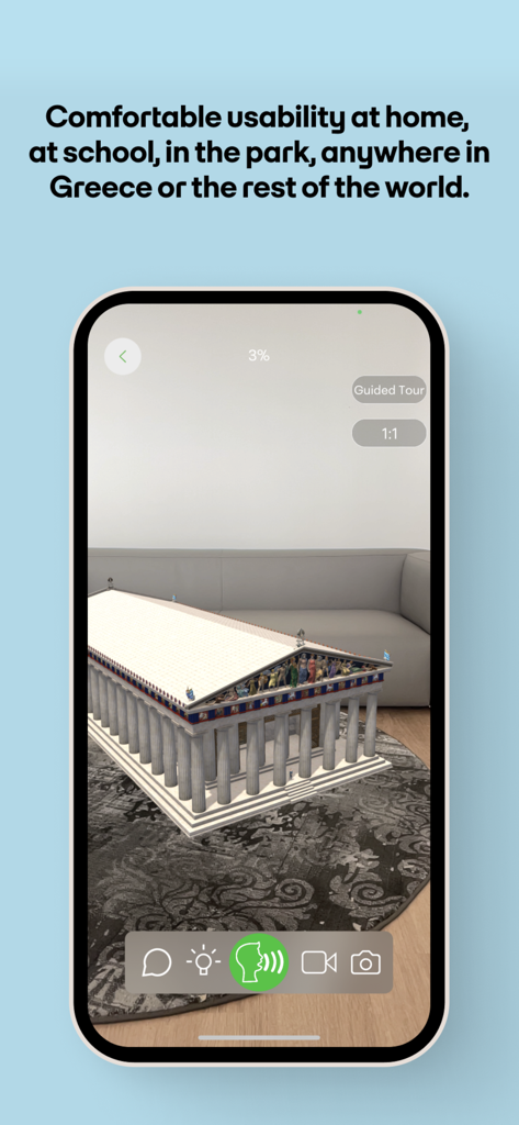 COSMOTE CHRONOS - A 3D augmented reality model of the Parthenon displayed on a living room floor through the COSMOTE CHRONOS mobile app.