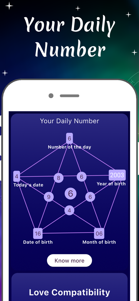 Numerology Future Astrology - 数秘術アプリのスクリーンショット、パーソナライズされた生年月日データを含む毎日の数字計算チャートが表示されています