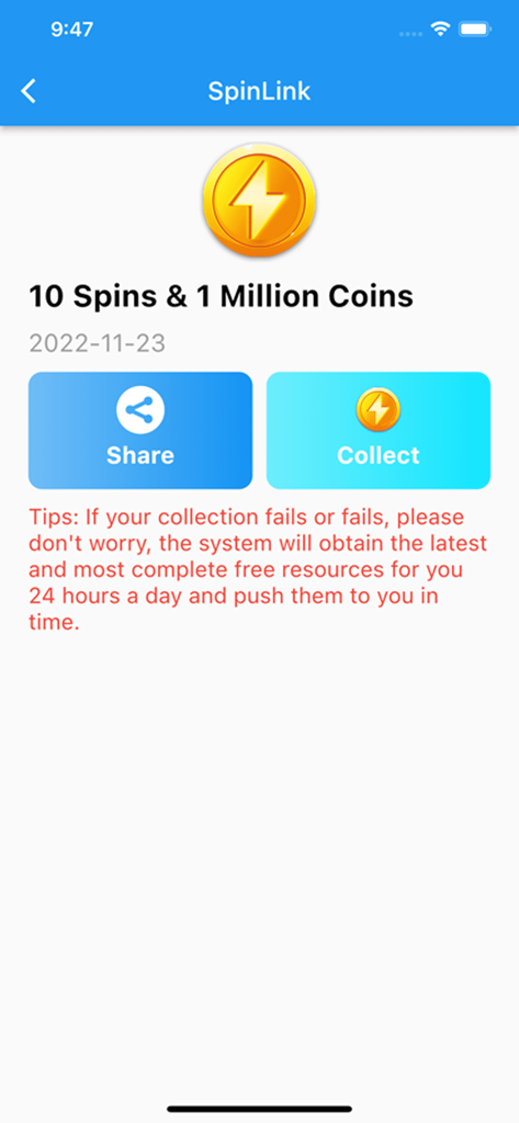 SpinLink - Spins and Coins - SpinLink app screen displaying a daily reward of 10 spins and 1 million coins with collect and share buttons
