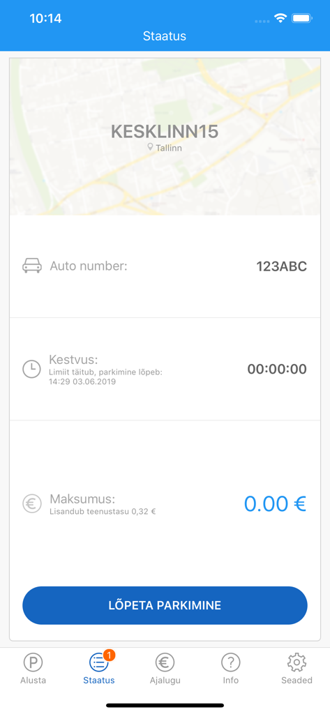 PARGI.EE - Interfaz móvil de la aplicación PARGI.EE que muestra el estado de estacionamiento activo en Tallinn con detalles de costo y duración