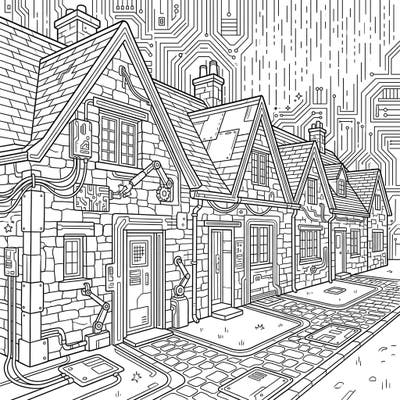 Explore a captivating blend of history and technology with our Cyberpunk Stone Cottages coloring page. This intricate design invites you to reimagine traditional dwellings in a futuristic, neon-lit world.