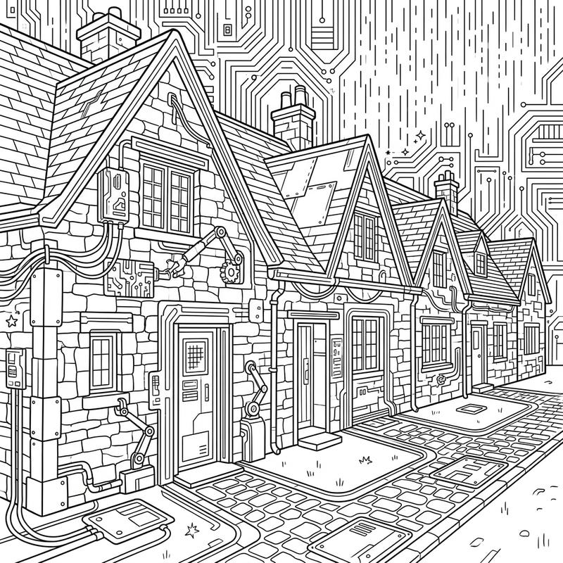 Explore a captivating blend of history and technology with our Cyberpunk Stone Cottages coloring page. This intricate design invites you to reimagine traditional dwellings in a futuristic, neon-lit world.
