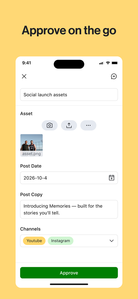 Airtable - Airtable mobile app interface showing a social media asset approval screen with an approve button