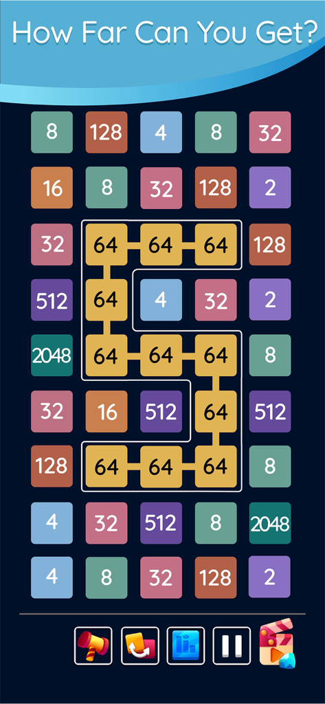 A gameplay screenshot of 2248 showing a grid of colorful numbered tiles with a path connecting multiple yellow 64 blocks.