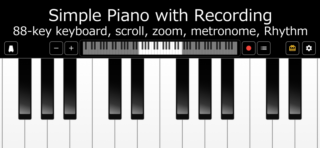 Digital piano app interface featuring an 88-key keyboard with recording and metronome controls
