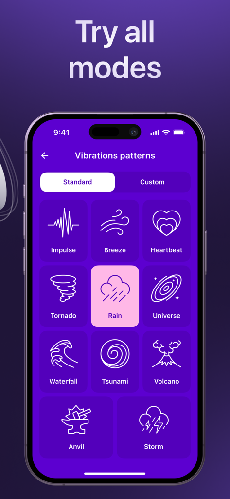 Écran d'iPhone montrant plusieurs motifs de vibration comme 'impulsion', 'brise' et 'battement cardiaque' dans l'application de massage