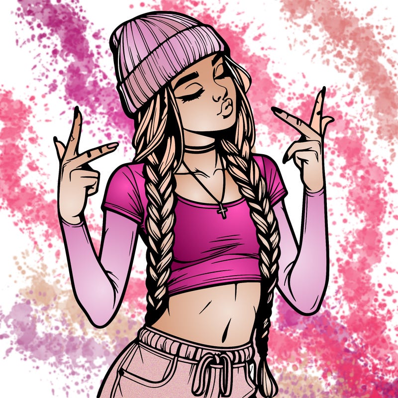 realistic teenage girl with braids and a beanie and crop top doing 🫶🏼