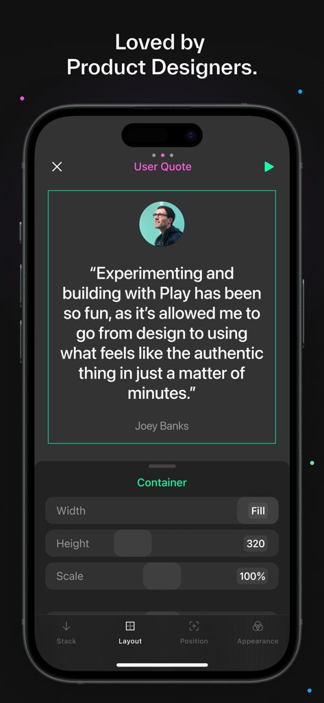 Play: Create Better Apps - A testimonial from product designer Joey Banks displayed on the Play app interface on an iPhone