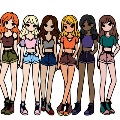 a group of girls wearing crop tops and shorts