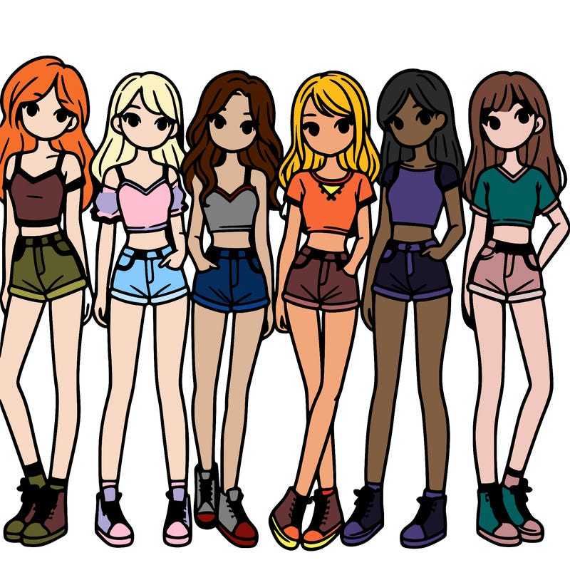 a group of girls wearing crop tops and shorts